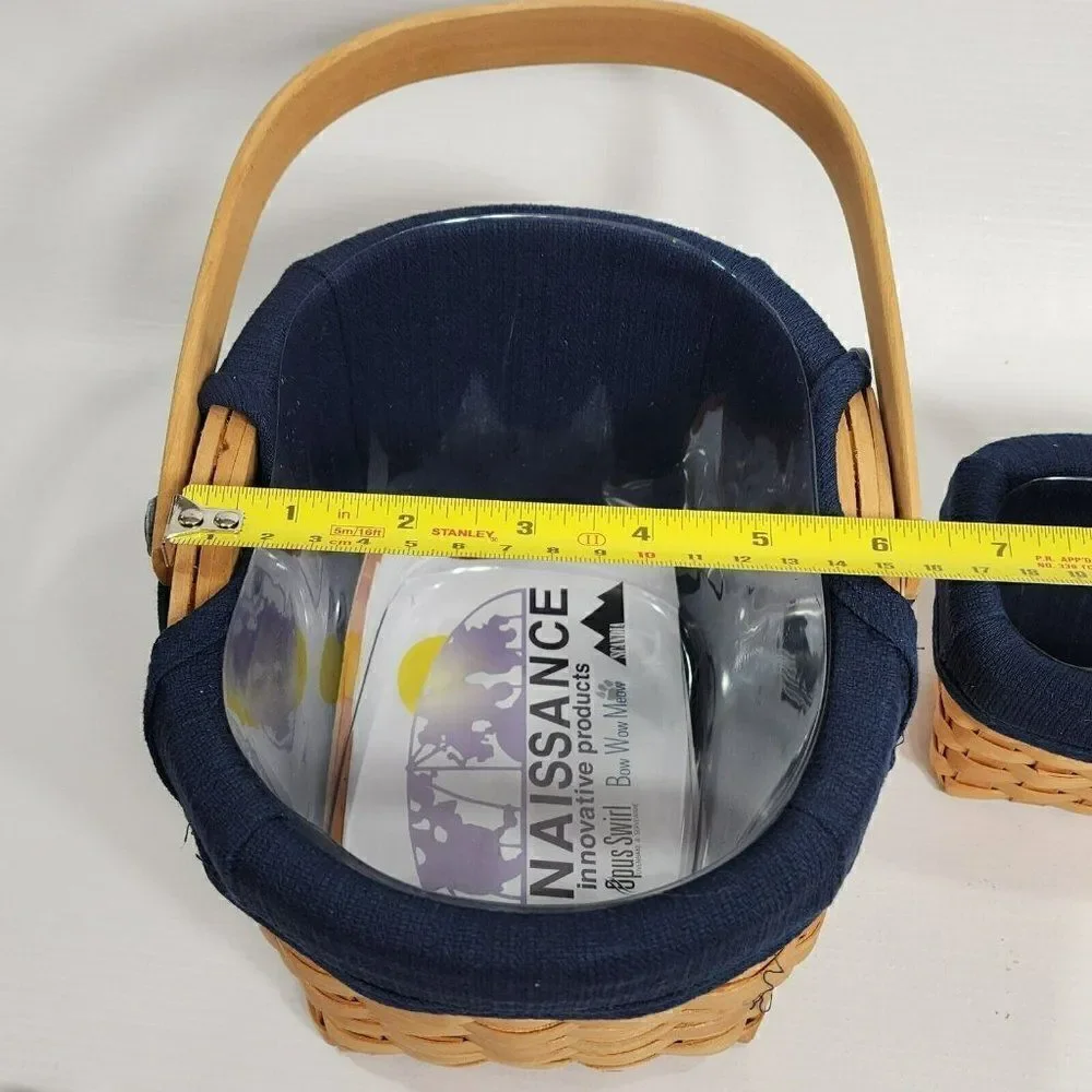 3 Taskets Renaissance Wood Slat Woven Baskets Navy Liner Bow Wow Meow‎